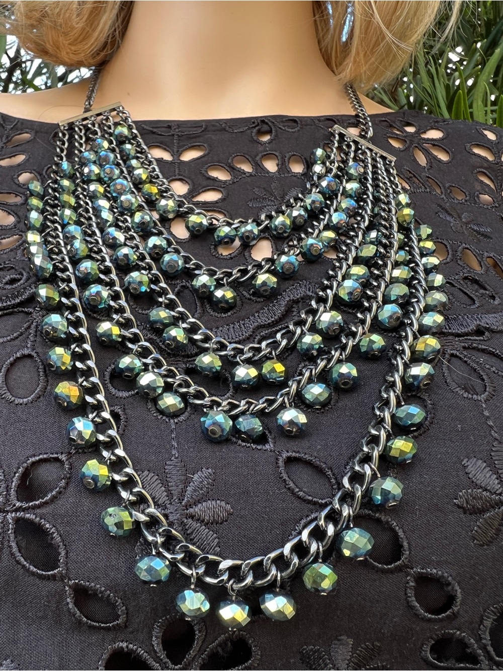 Gunmetal Colored Chain w/Aurora Borealis Beaded Necklace